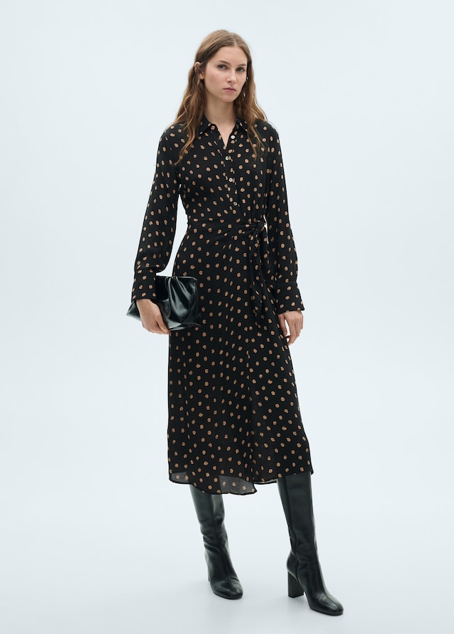 Mango Polka-Dots-Hemdblusenkleid mit Knotendetail 50% Rabatt mit kostenlosem Versand