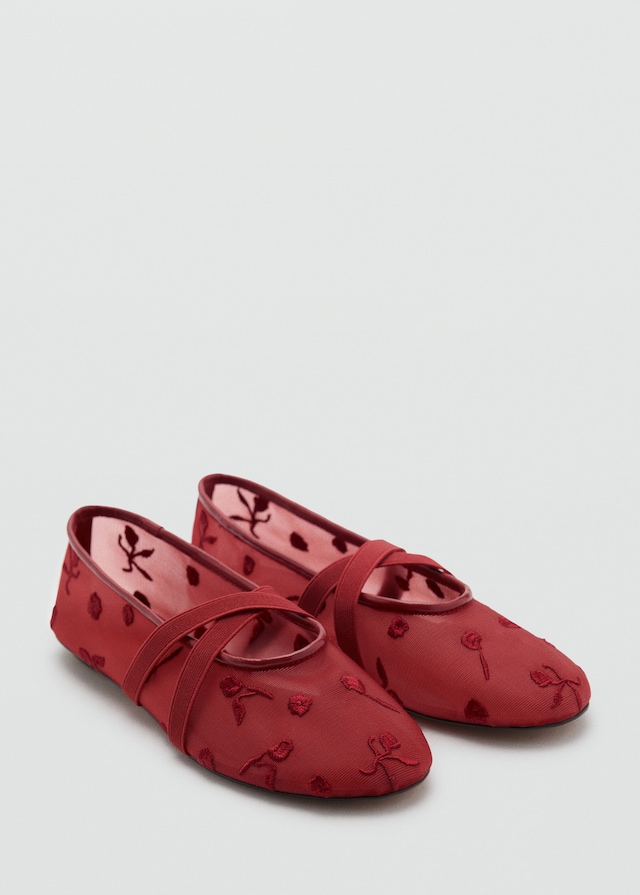 Mango Ballerinas mit Kreuzriemen und Blumenstickerei Begrenzt auf 3 Tage