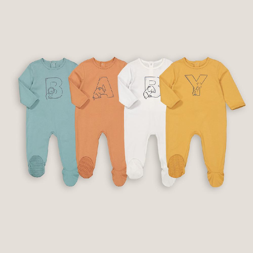 laredoute 4er-Pack Strampler mit Fuss Buchstabenmotiv blau + braun + ecru LA REDOUTE COLLECTIONS Große Rabatte