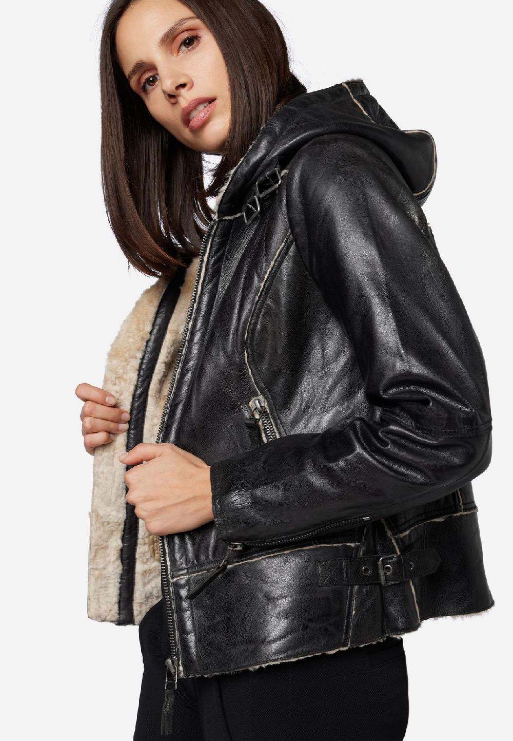 RICANO Damen Lederjacke Jule Bikerjacke mit Fellfütterung und Kapuze Tägliche Deals