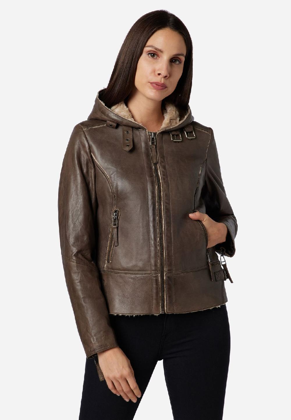 RICANO Damen Lederjacke Jule Bikerjacke mit Fellfütterung und Kapuze Sonderangebote
