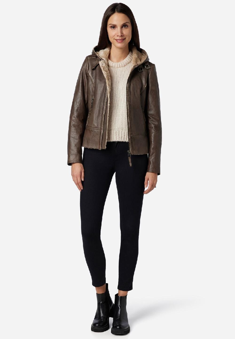 RICANO Damen Lederjacke Jule Bikerjacke mit Fellfütterung und Kapuze Sonderangebote