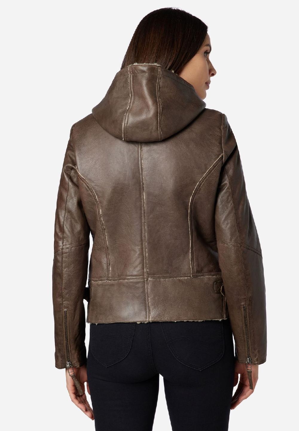 RICANO Damen Lederjacke Jule Bikerjacke mit Fellfütterung und Kapuze Sonderangebote