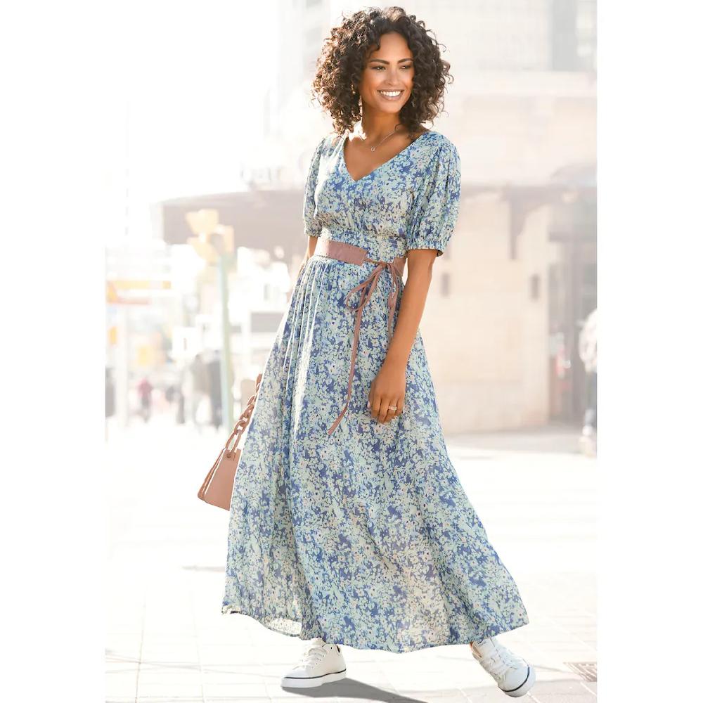 Buffalo Maxikleid mit zartem Blumendruck und V-Ausschnitt Sommerkleid Strandkleid