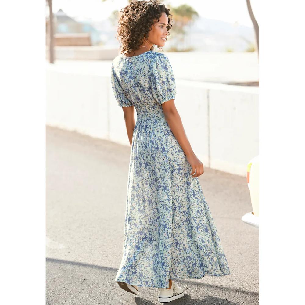 Buffalo Maxikleid mit zartem Blumendruck und V-Ausschnitt Sommerkleid Strandkleid Kostenloser Versand international