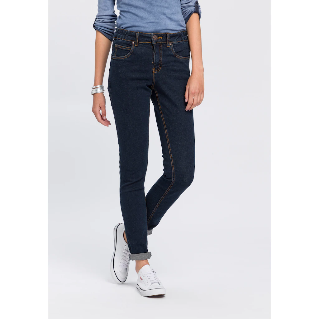 Arizona Slim-fit-Jeans »Bund mit seitlichem Gummizugeinsatz« schmale Passform Röhrenjeans Used-Waschung hohe Leibhöhe