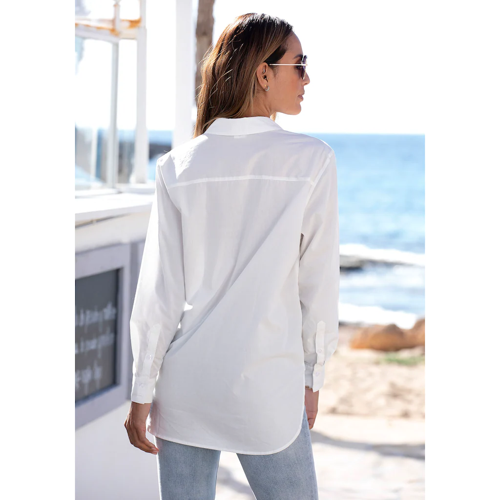 LASCANA Hemdbluse hinten länger geschnitten Damenbluse aus Baumwolle klassisch-elegant VIP-Rabatte