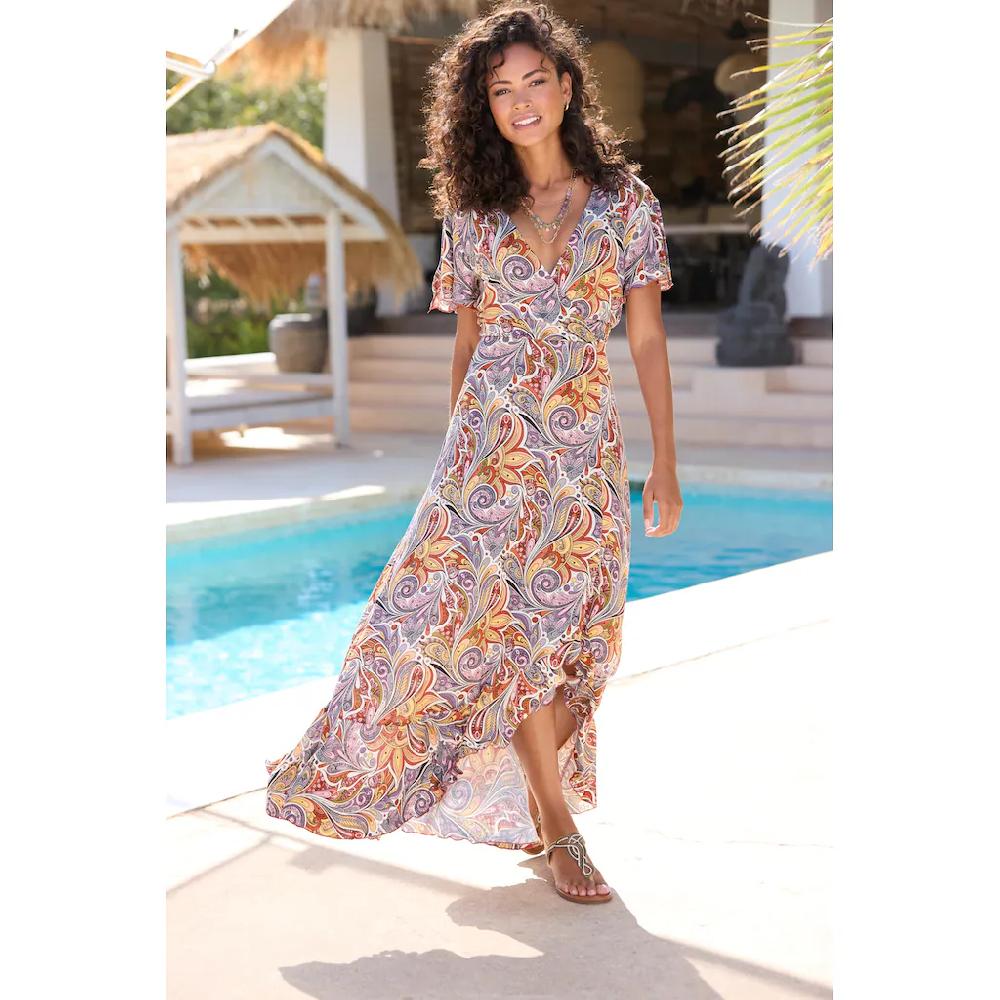LASCANA Maxikleid mit Paisleydruck Schlitz und Volant Flügelärmel Druckkleid Bis zu 50% Rabatt