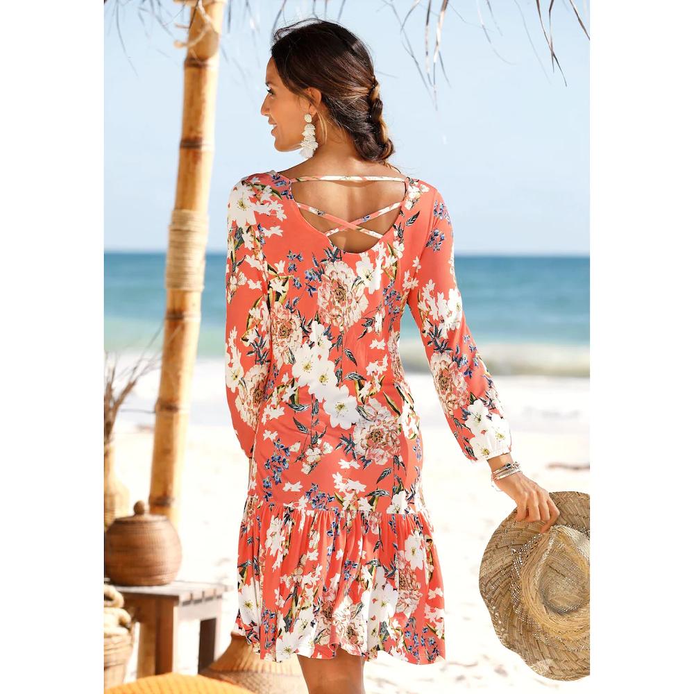 s.Oliver Jerseykleid mit Blumenprint und Volantrock 3/4-Ärmel Sommerkleid Strandkleid Bis zu 60% Rabatt