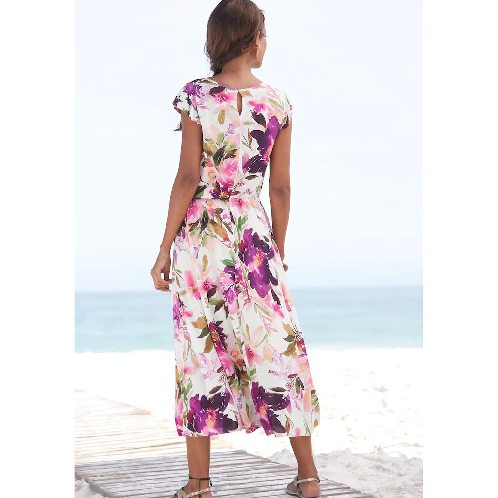 Beachtime Midikleid mit Blumendruck und Gummizug Sommerkleid Strandkleid Meist gekauft