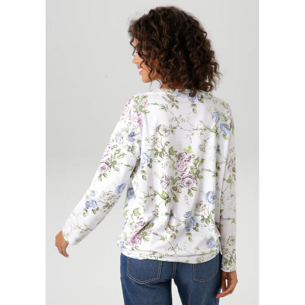 Aniston CASUAL Langarmshirt mit silberfarbenen Schriftzug verzierter Rosendruck - NEUE KOLLEKTION Exklusivangebot