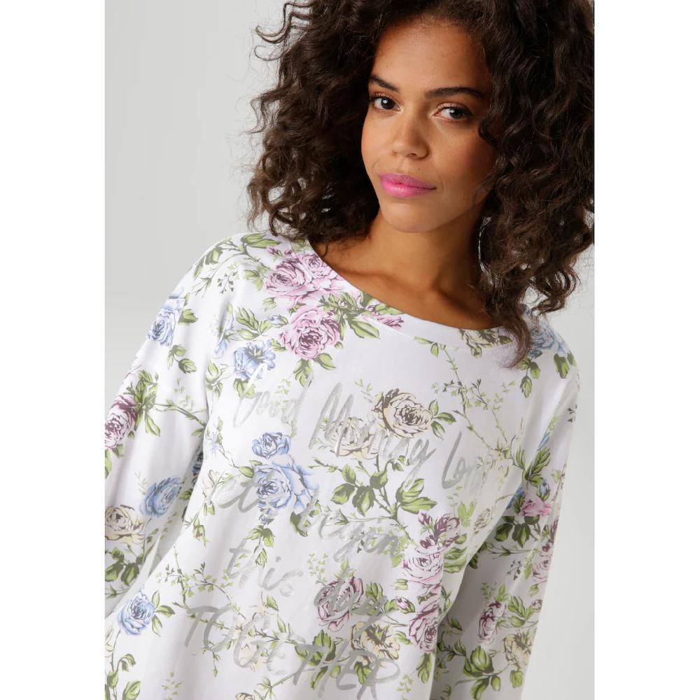 Aniston CASUAL Langarmshirt mit silberfarbenen Schriftzug verzierter Rosendruck - NEUE KOLLEKTION Exklusivangebot