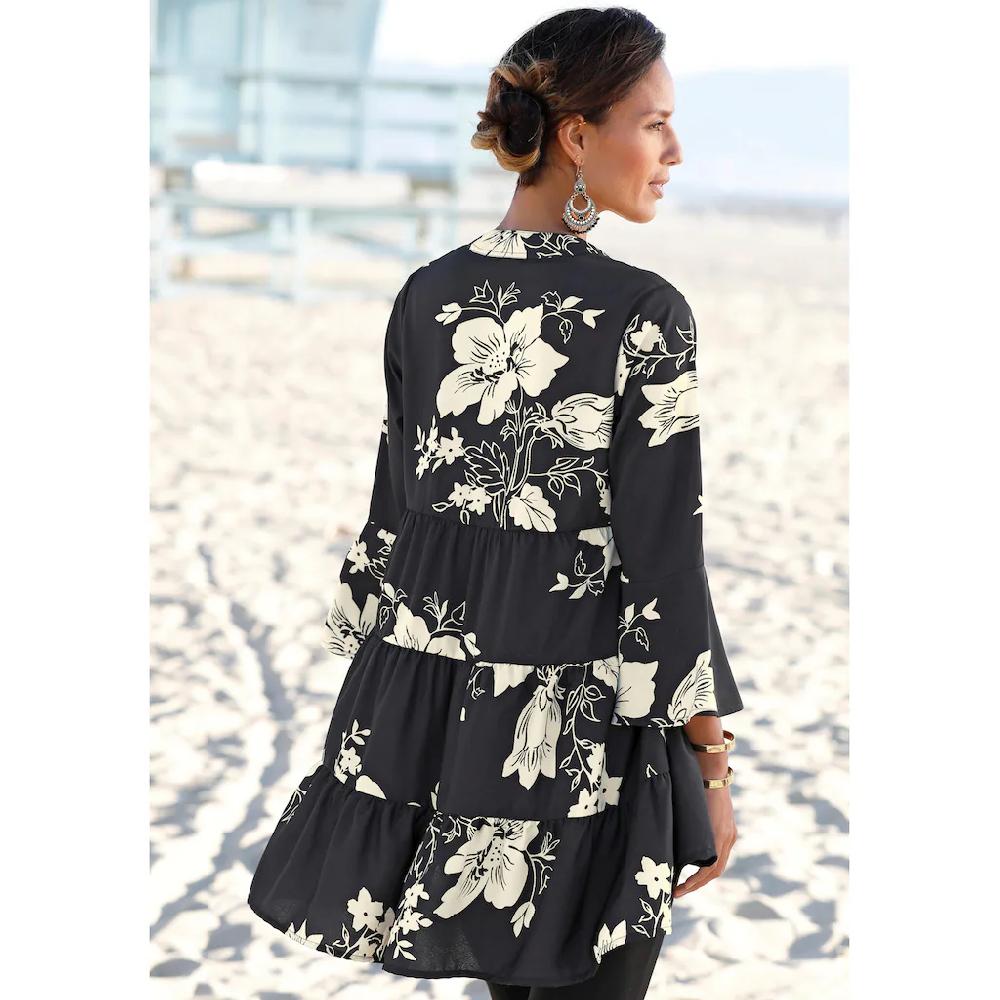 LASCANA Blusenkleid in weiter Form mit Volants und Blumenprint Tunikakleid Strandkleid Versandkostenfrei