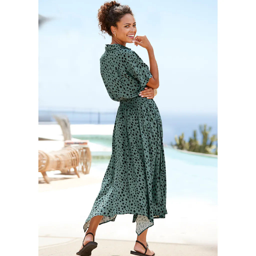 LASCANA Druckkleid mit Punktedruck und asymmetrischem Saum Hemdblusenkleid Midikleid Speichern exportieren