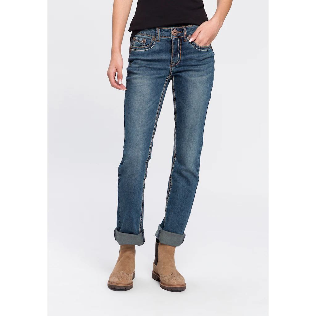 Arizona Gerade Jeans »Kontrastnähte« niedrige Leibhöhe in 5-Pocket-Form Used-Look-Waschung Riesige Ersparnisse