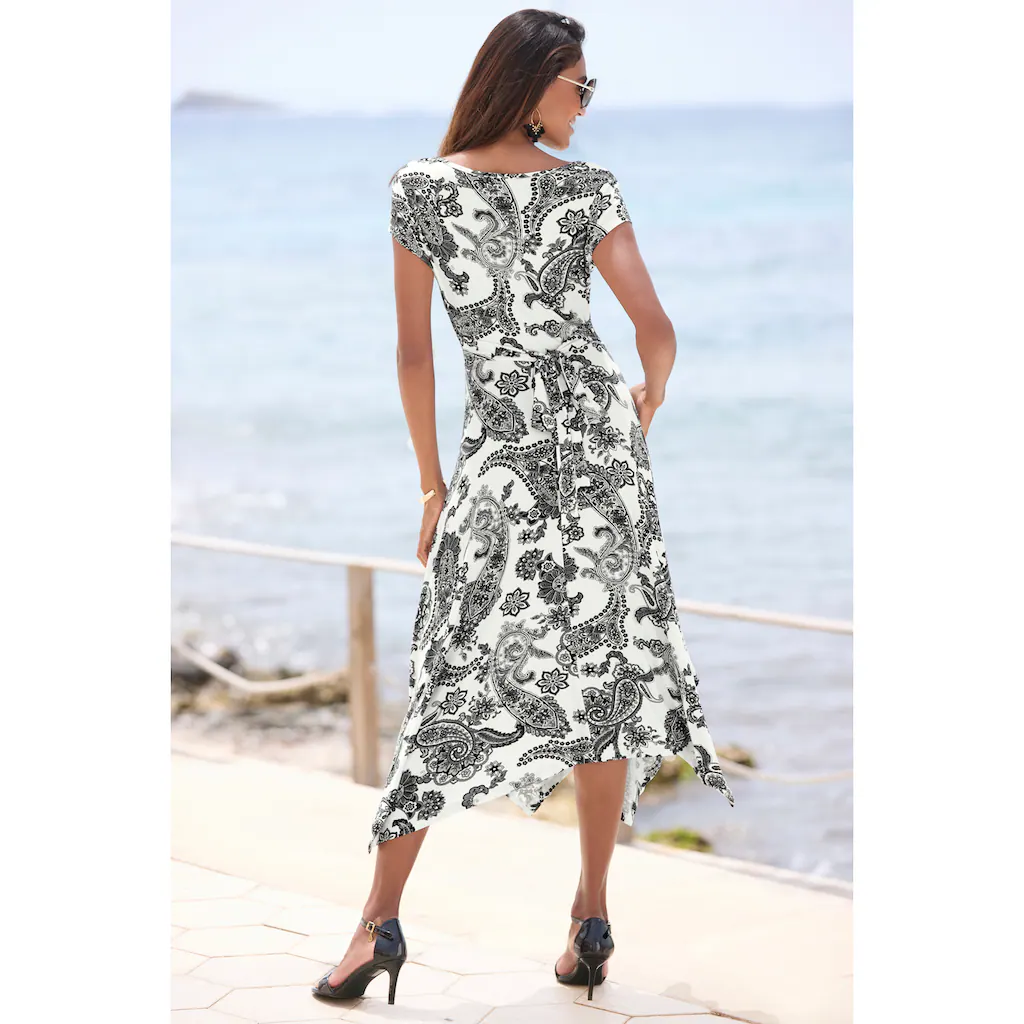 LASCANA Sommerkleid mit Zipfelsaum und Schleife in der Taille Strandkleid Paisley-Muster Saisonschlussverkauf