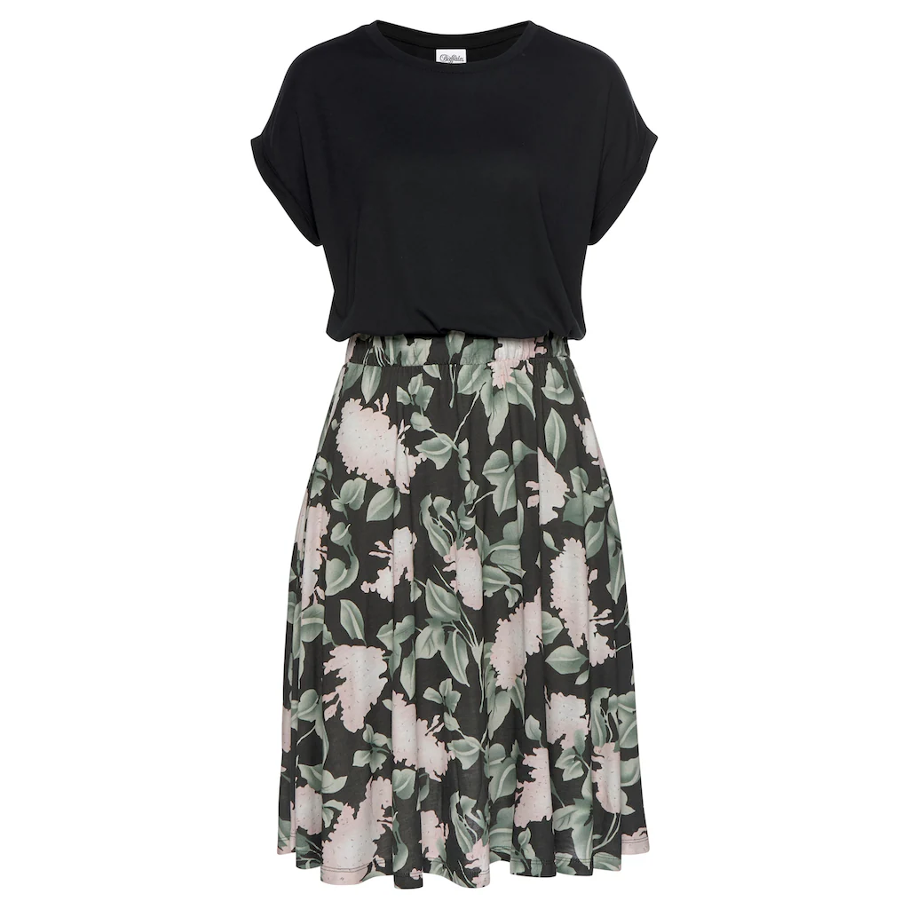 Buffalo Jerseykleid mit Paperbag-Bund und bedrucktem Rock kurzes Sommerkleid Strandkleid Tiefpreis