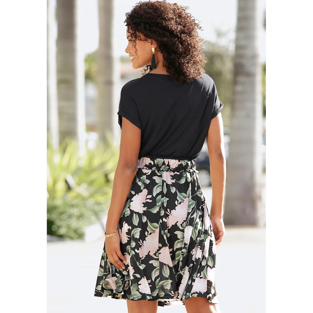 Buffalo Jerseykleid mit Paperbag-Bund und bedrucktem Rock kurzes Sommerkleid Strandkleid Tiefpreis