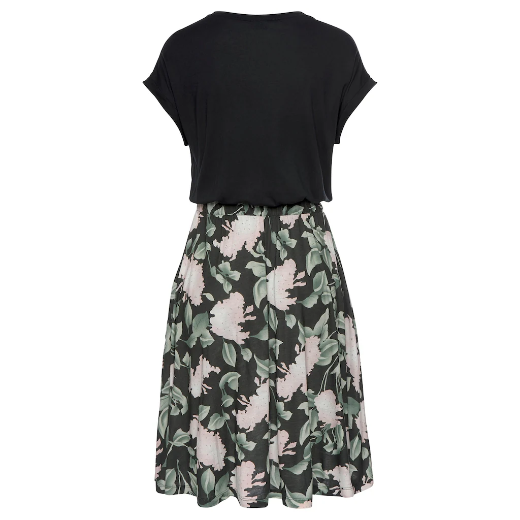 Buffalo Jerseykleid mit Paperbag-Bund und bedrucktem Rock kurzes Sommerkleid Strandkleid Tiefpreis
