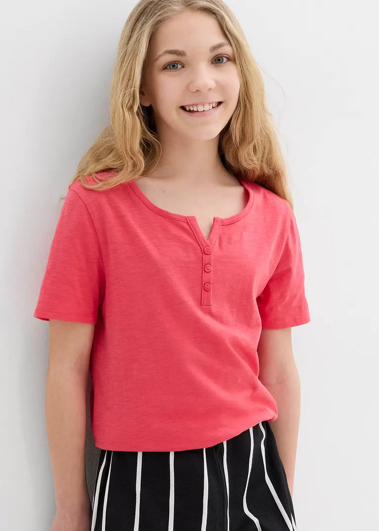 bonprix Schlichts Mädchen T-Shirt mit dekorativer Knopfleiste - pink Riesige Ersparnisse