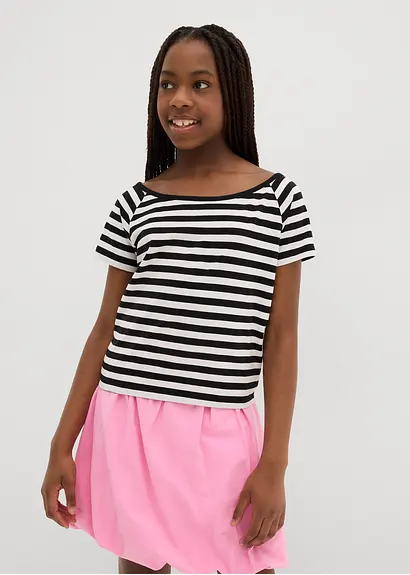 bonprix Schönes Mädchen Shirt mit breitem Rundhals Ausschnitt - schwarz Letzte 3 Tage