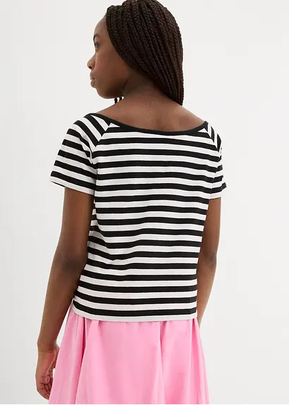 bonprix Schönes Mädchen Shirt mit breitem Rundhals Ausschnitt - schwarz Letzte 3 Tage