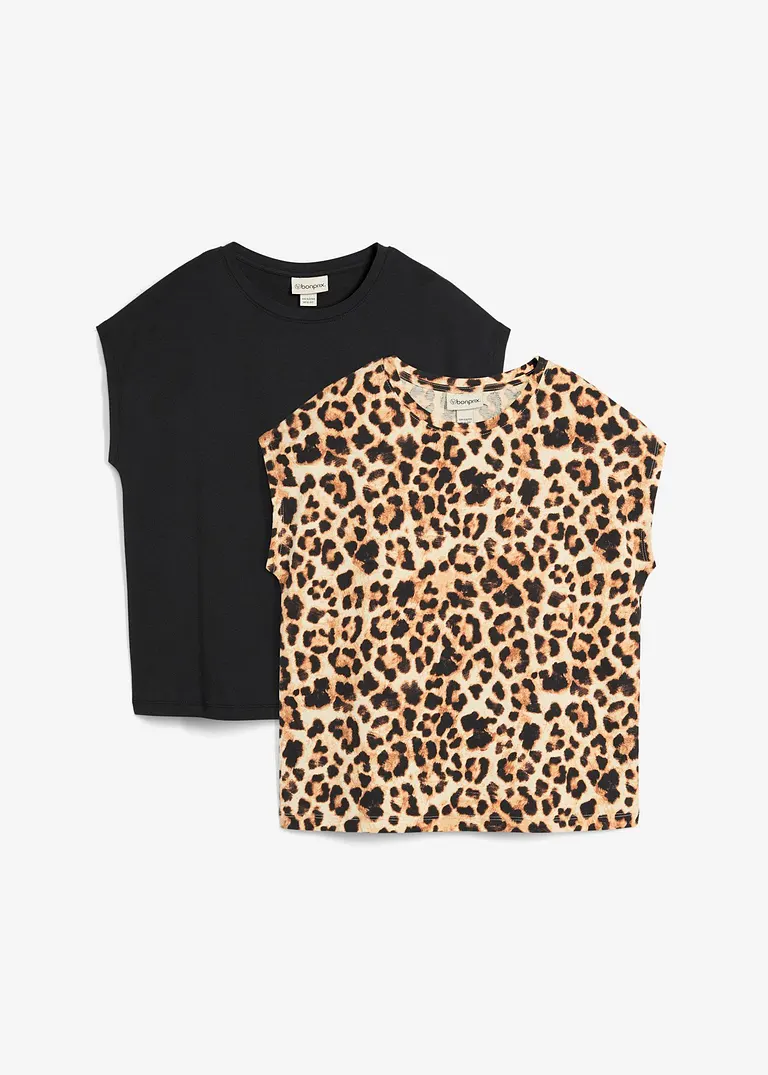 bonprix Mädchen T-Shirt im schönen 2er-Pack - schwarz+beige bedruckt Nur für heute