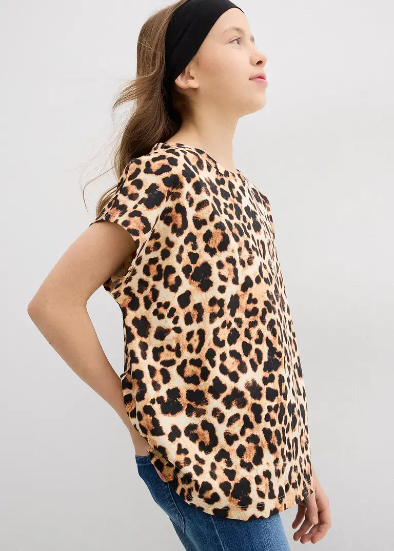 bonprix Mädchen T-Shirt im schönen 2er-Pack - schwarz+beige bedruckt Nur für heute