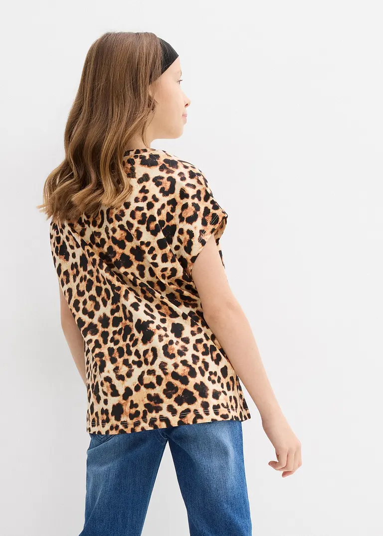 bonprix Mädchen T-Shirt im schönen 2er-Pack - schwarz+beige bedruckt Nur für heute