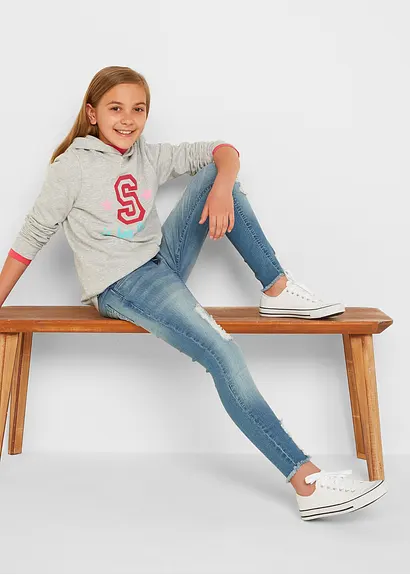 bonprix Mädchen Skinny-Jeans mit Used Effekt - blau - Kinder Angebote
