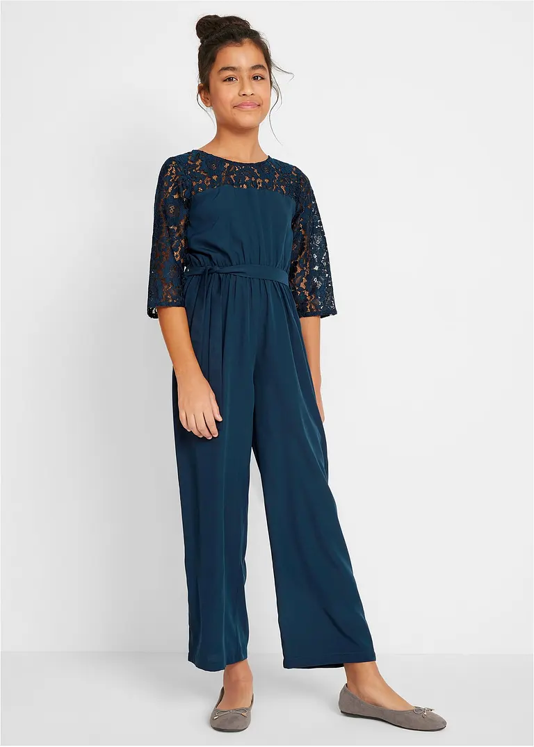 bonprix Toller Mädchen Overall mit Spitze und Stoffgürtel - blau - Kinder Kostenloser Versand