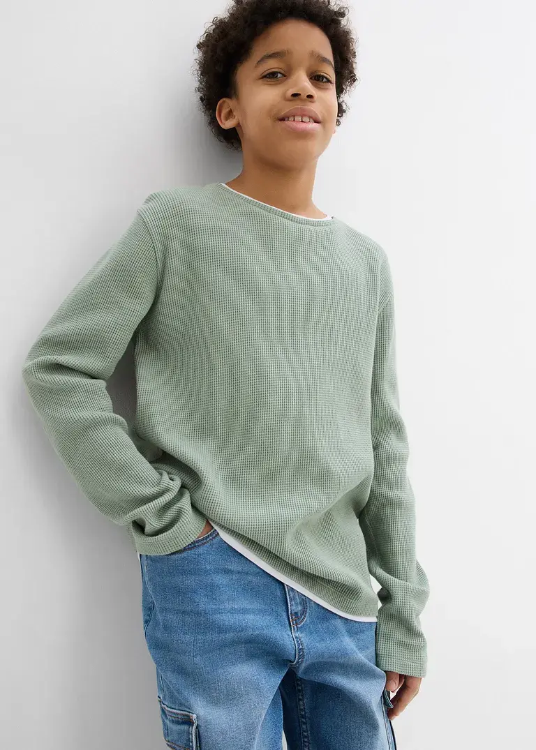 bonprix Schönes Jungen Langarmshirt in 2 in 1 Optik mit Rundhalsausschnitt Exklusive Angebote