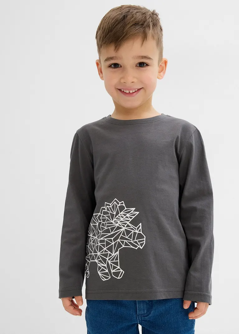bonprix Cooles Jungen Langarmshirt mit einem großen Dino-Druck - grau Saisonale Angebote