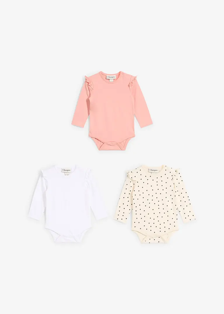 bonprix 3er Packung Baby Bodies mit Rüschen und Knöpfen an der Schulter und im Schritt zollfrei