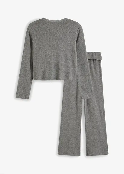 bonprix Mädchen Langarmshirt mit Spitze am Ausschnitt und mit bequemer ausgestellter Hose (2-tlg. Set) Riesige Ersparnisse