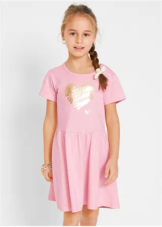 bonprix Doppelpack Mädchen Jerseykleid mit Druck - puderrosa+grau meliert Versandkostenfrei