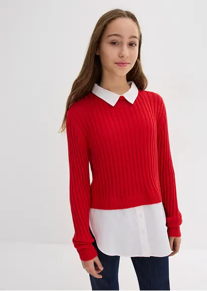 bonprix Mädchen Feinstrickpullover mit kontrastfarbigen Blusenbesatz Zeitlich begrenztes Angebot