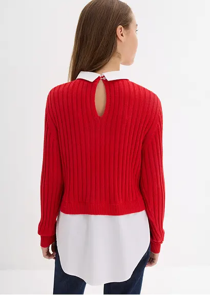 bonprix Mädchen Feinstrickpullover mit kontrastfarbigen Blusenbesatz Zeitlich begrenztes Angebot