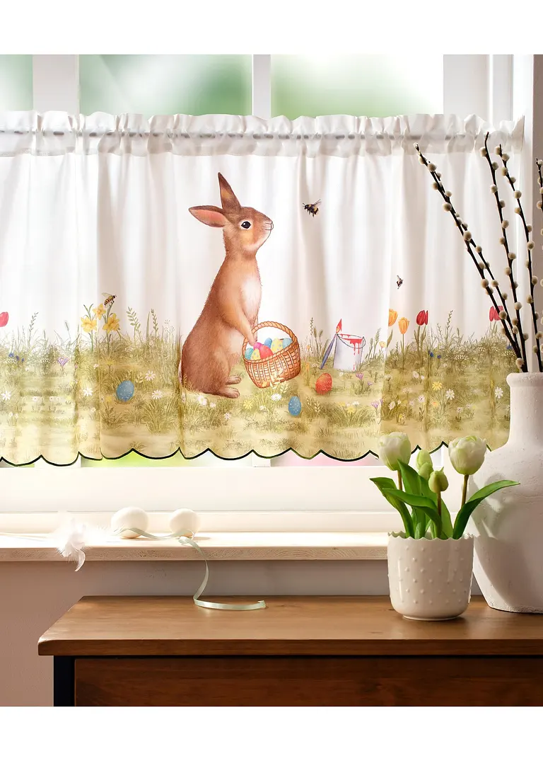 bonprix Farbenfrohe Küchengardine mit Osterhase und bunter Blumenwiese Begrenztes Angebot